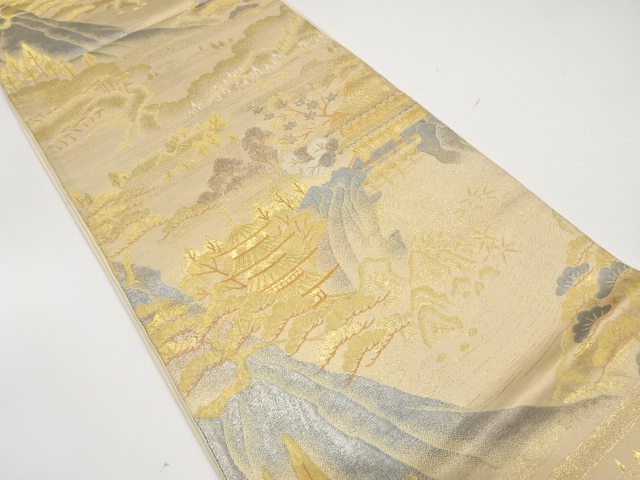 JAPANESE KIMONO / ANTIQUE FUKURO OBI / SILK / WOVEN TEMPLE SCENERY